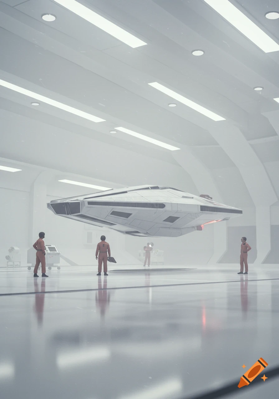 A 1970s style photograph shows a TR3B-like spacecraft hovering in a minimal, soft white futuristic hangar with technicians working around it.