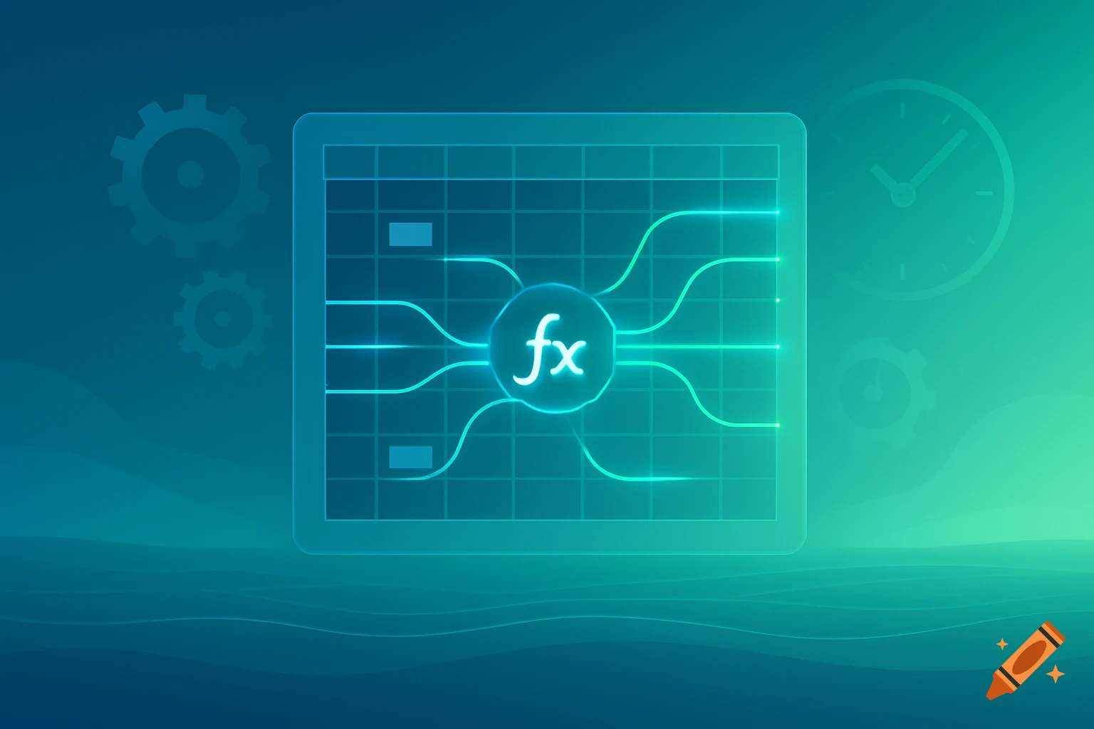 Abstract blue-green illustration of data automation with an 'fx' symbol, glowing lines on a grid, gears, and a clock.