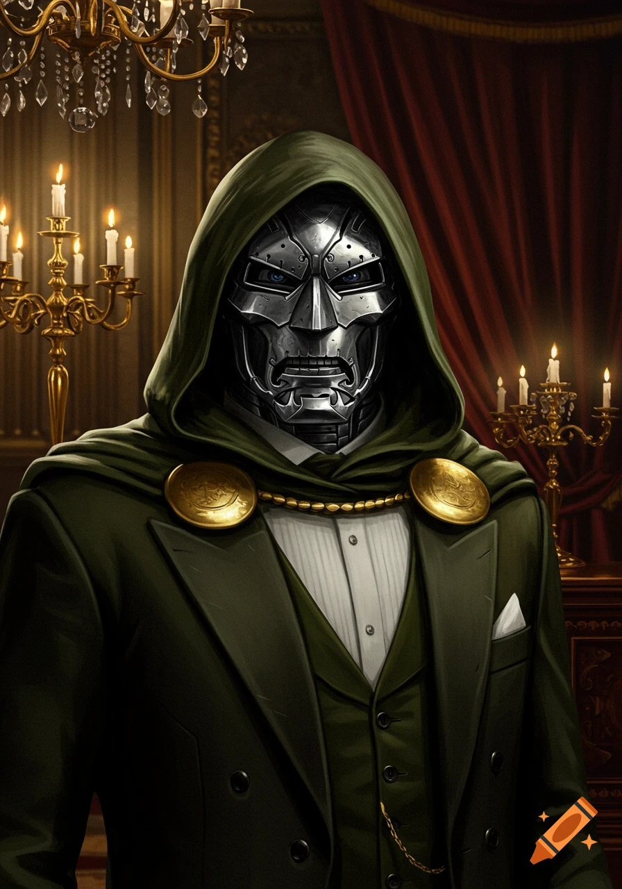 Dr. Doom in a green cloak, mask, and dark tuxedo stands in a luxurious, candlelit room with a chandelier.