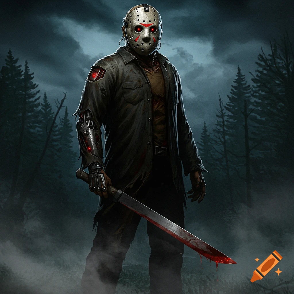 A cyborg Jason Voorhees with a bloody machete stands in a dark, misty forest, eyes glowing red.
