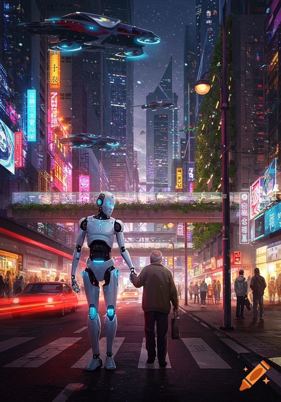 A white robot holds an old man's hand crossing a street in a neon-lit futuristic city with flying cars.
