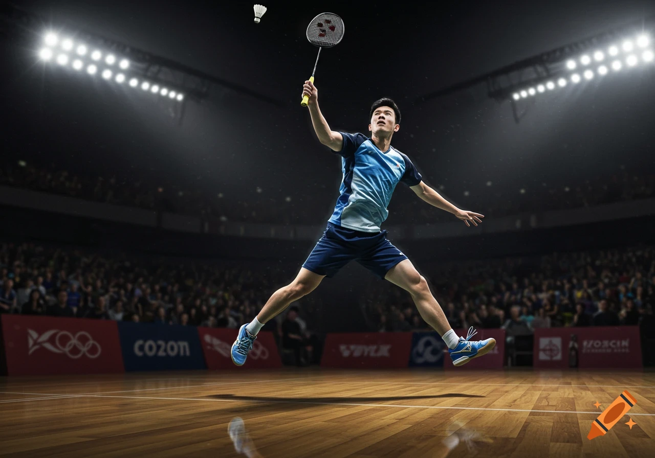 A male badminton player leaps mid-air to hit a shuttlecock with a racket in a brightly lit stadium.
