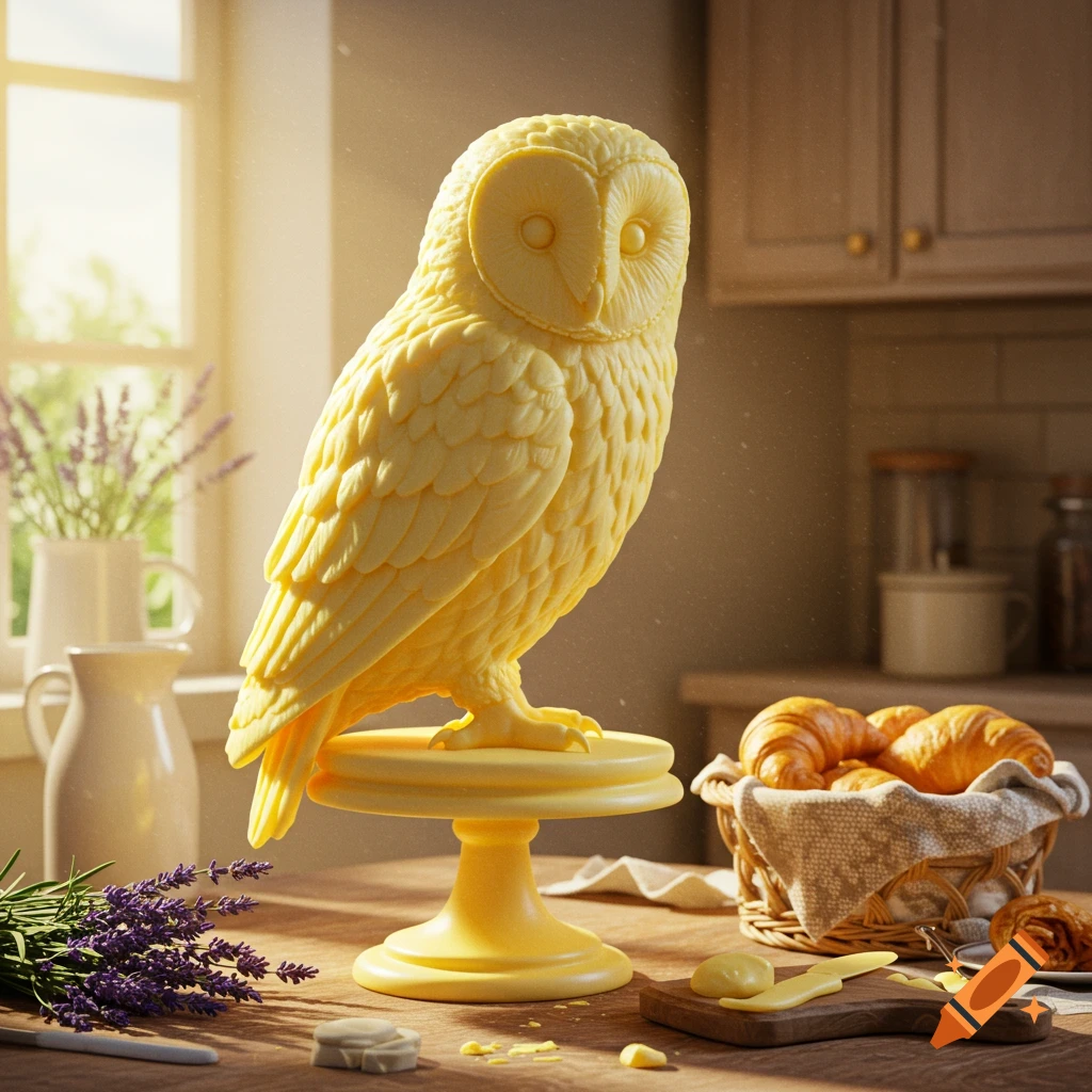 Photorealistic butter sculpture of an owl on a stand, with lavender, croissants, and butter in a sunny kitchen.