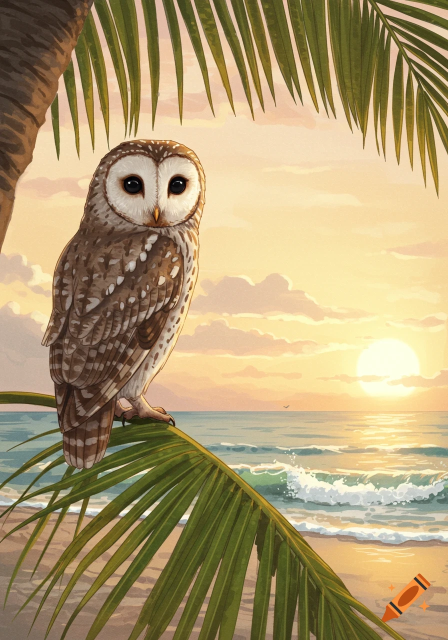 An illustrated owl perches on a palm frond at a beach, with a sunset over the ocean in the background.