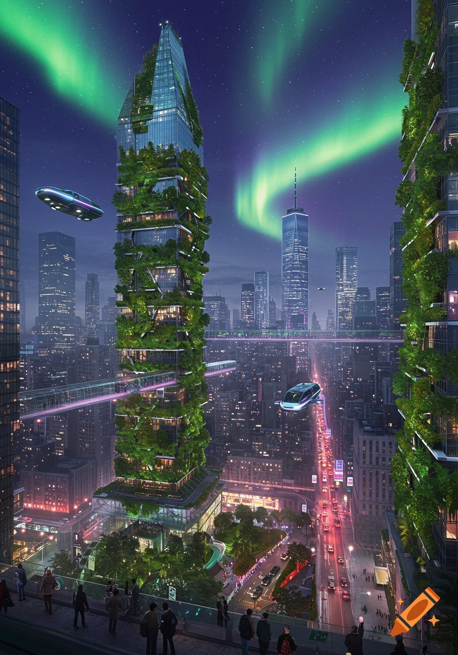 A vibrant, futuristic New York City at night, featuring lush green skyscrapers, flying cars, elevated trains, and the Northern Lights.