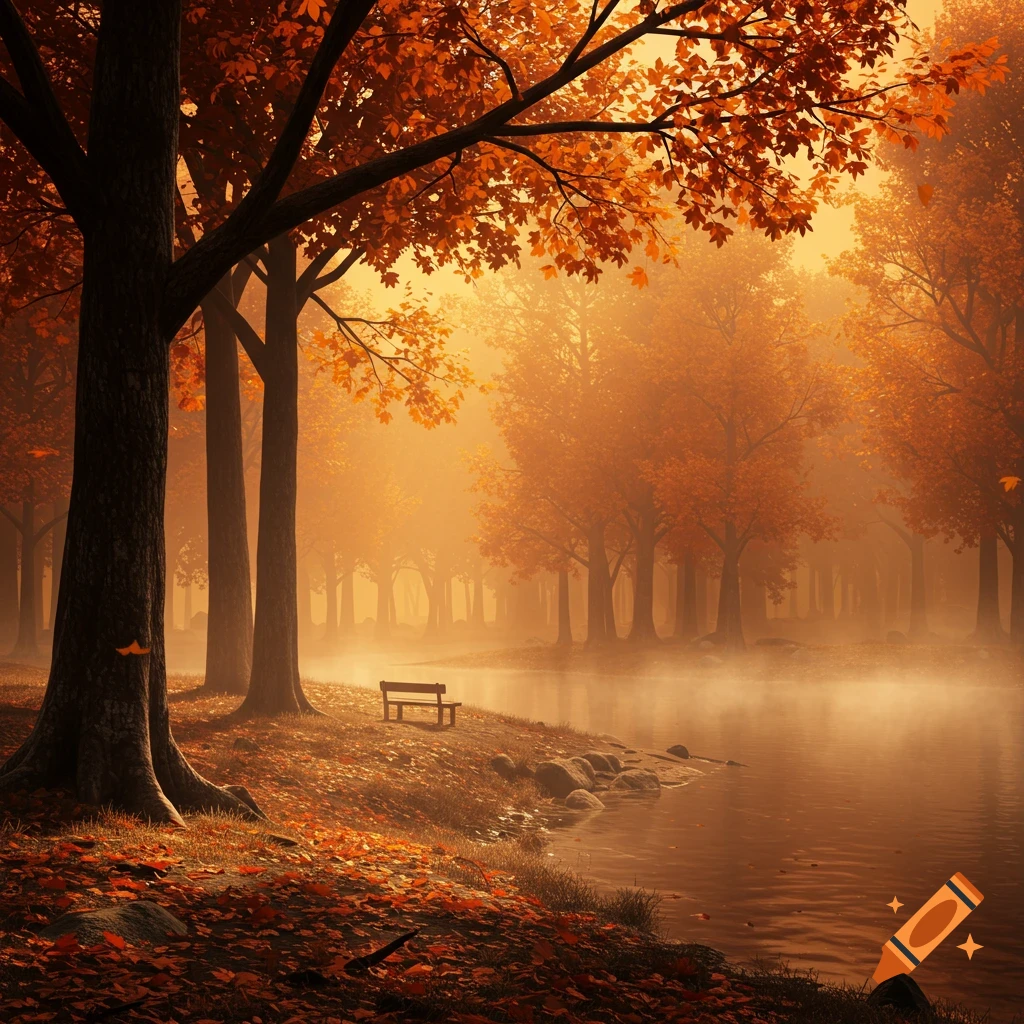 Photorealistic autumn forest with vibrant orange leaves, a misty lake, and a wooden bench on the shore at sunrise.