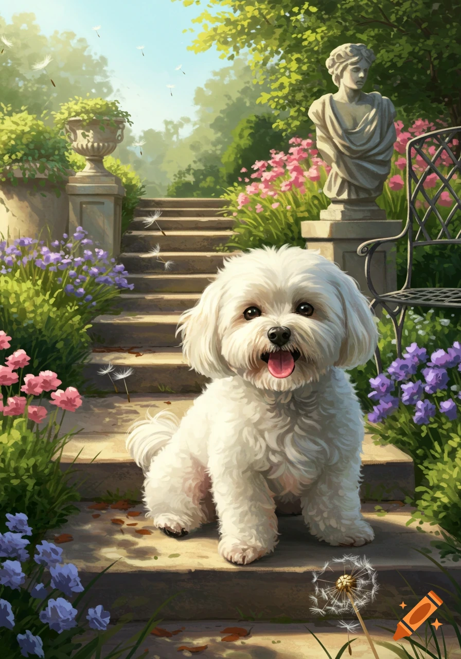 A fluffy white Bichon Frise dog sits on stone steps in a vibrant garden with colorful flowers and a classical statue, digital painting.