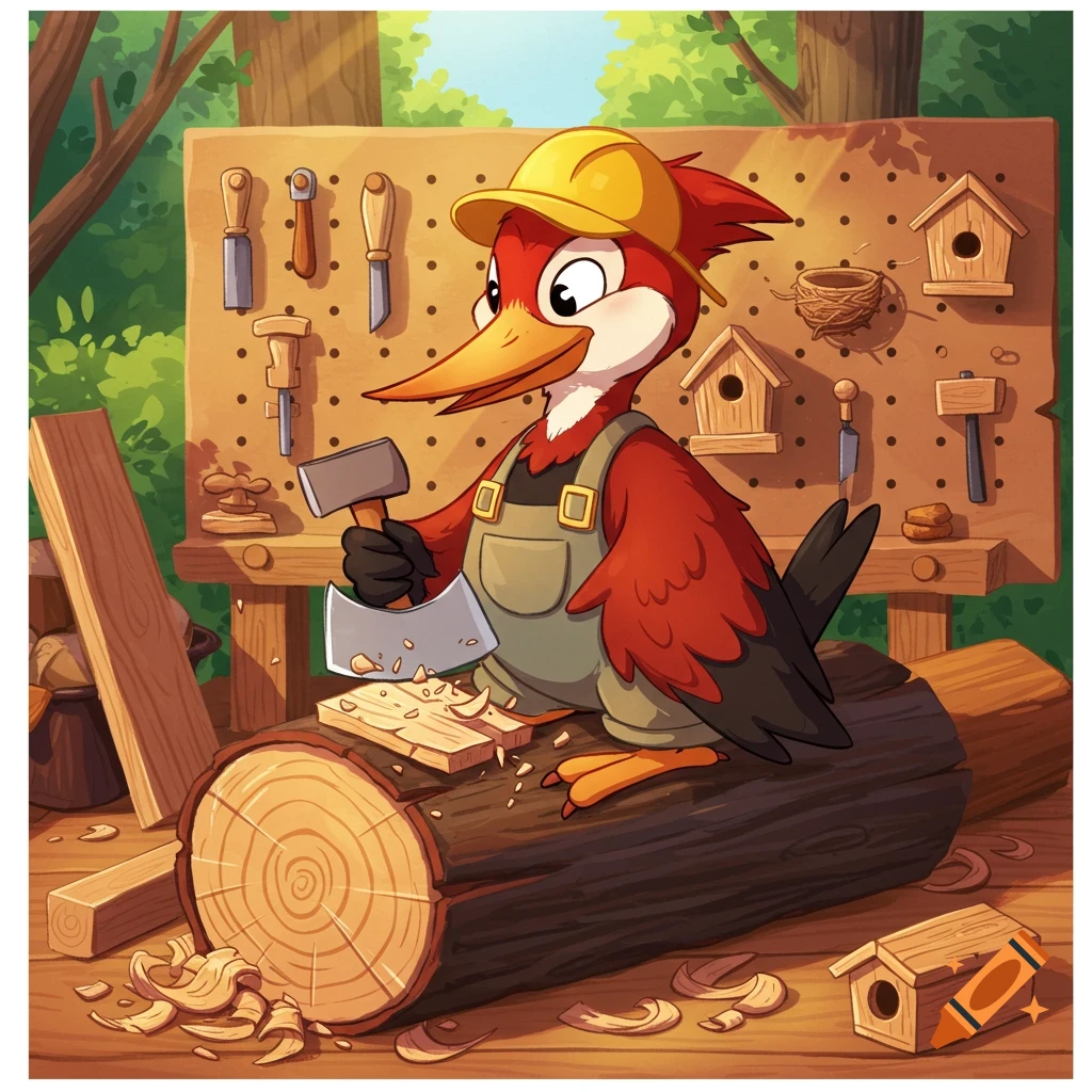 Cartoon woodpecker in a hard hat and overalls, holding a hatchet and carving wood on a log in a workshop.