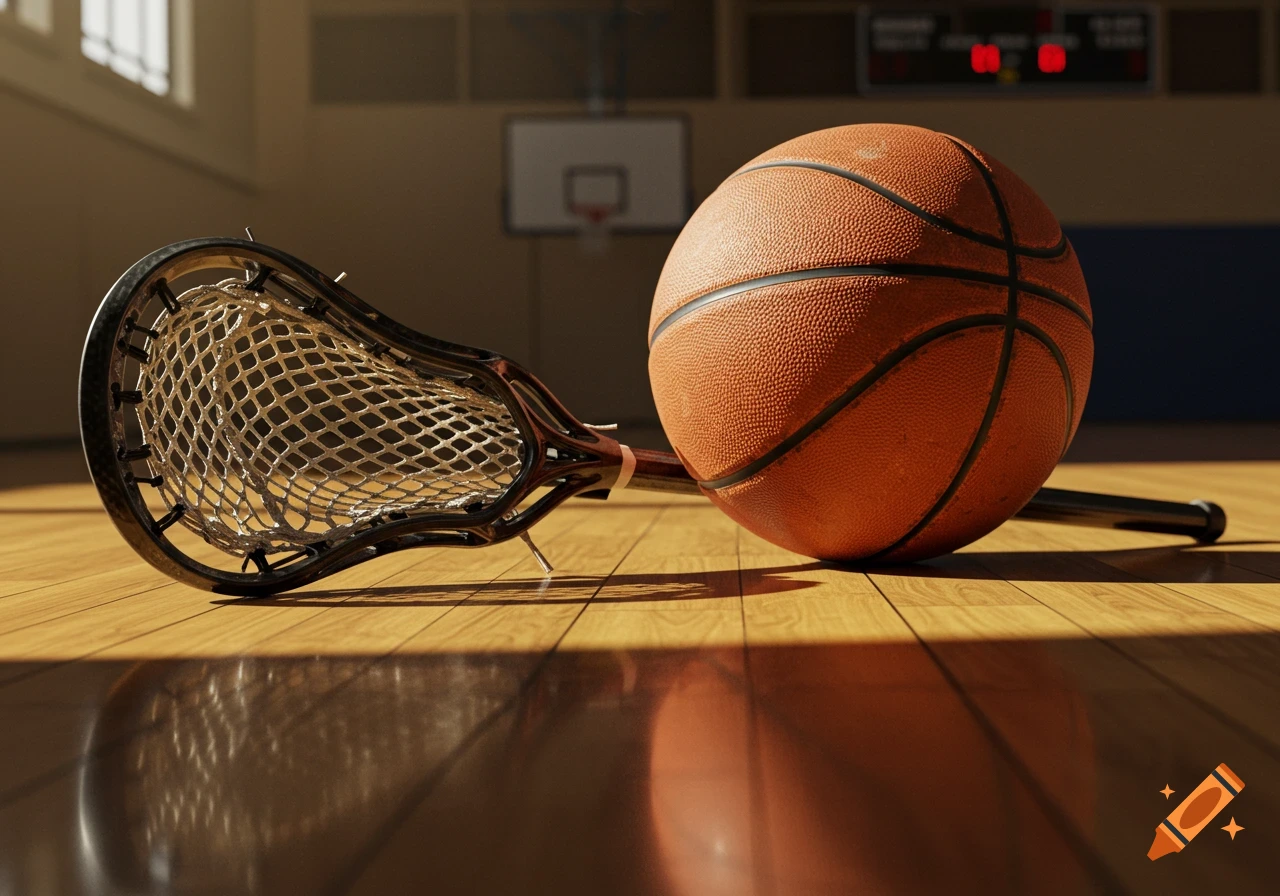 A photorealistic lacrosse stick and a basketball rest on a shiny wooden gym floor with a distant hoop.