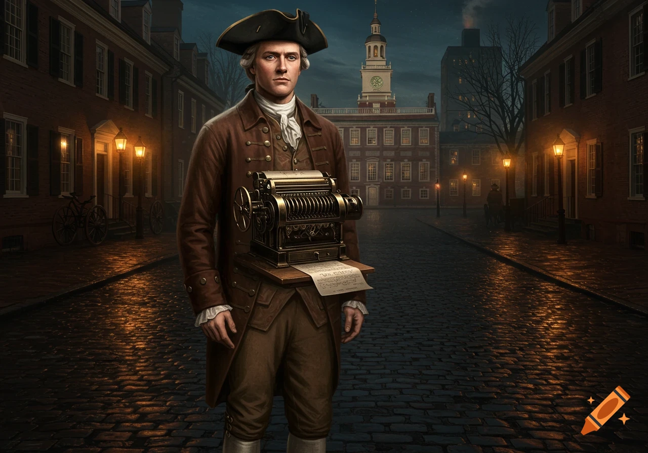 A man in 18th-century attire stands on a cobblestone street at night, holding a mechanical device with paper. Independence Hall in the background.