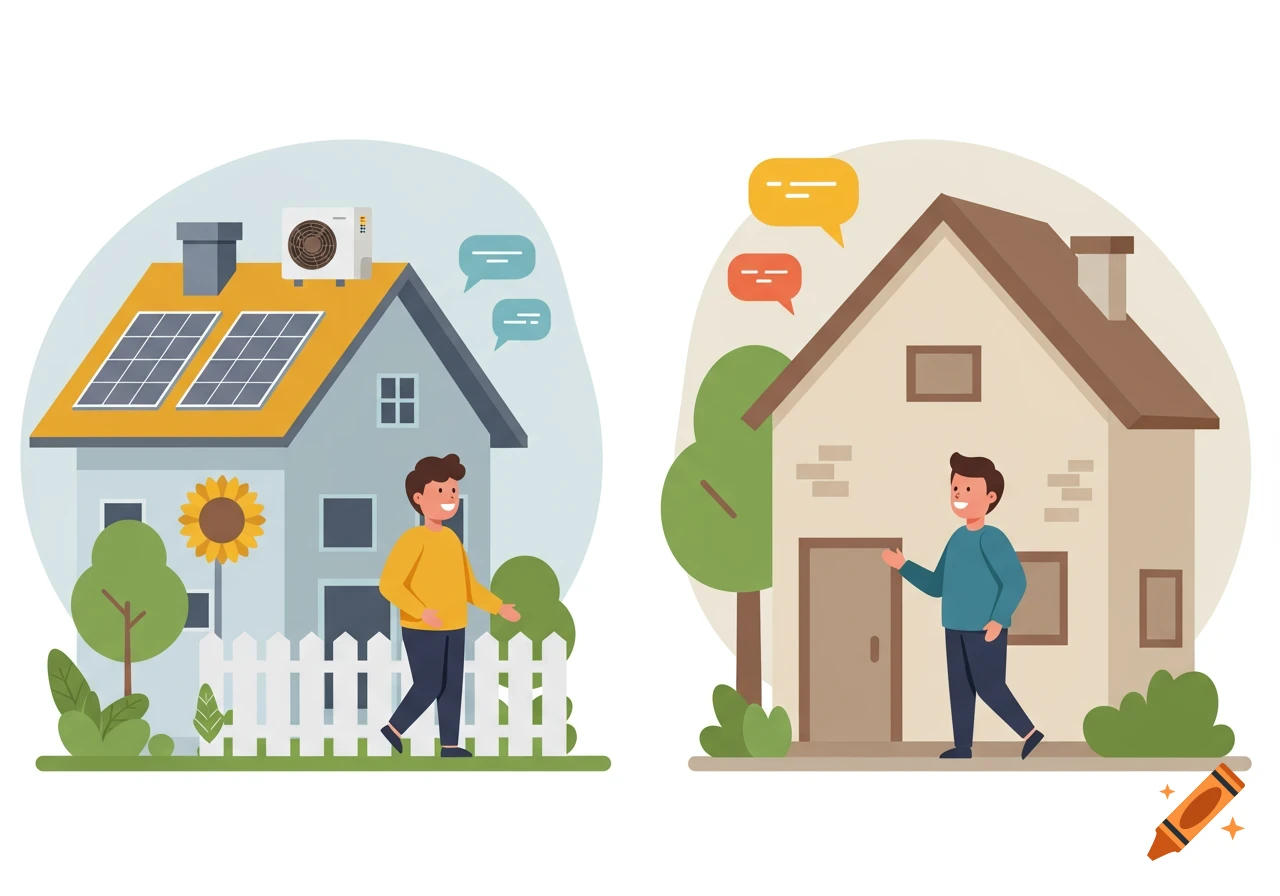 Flat illustration of two neighbors talking; one house has solar panels, the other doesn't, with a fence between them.
