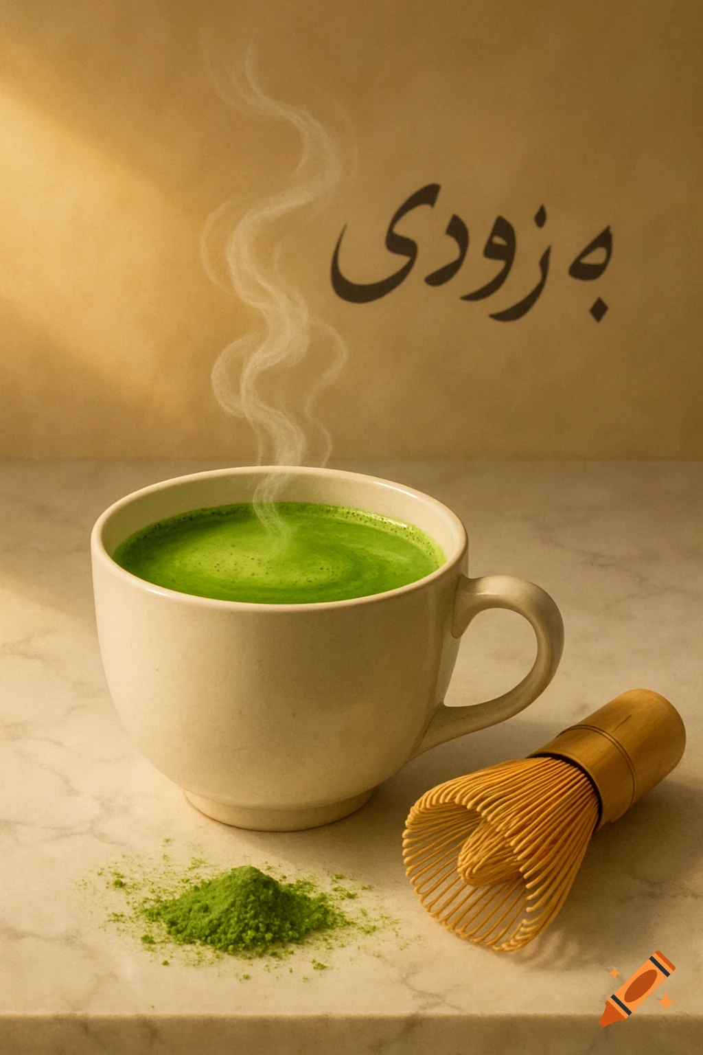 Hot green matcha tea with steam in a white cup, bamboo whisk, and matcha powder on marble, 'به زودی' text on a brown background.