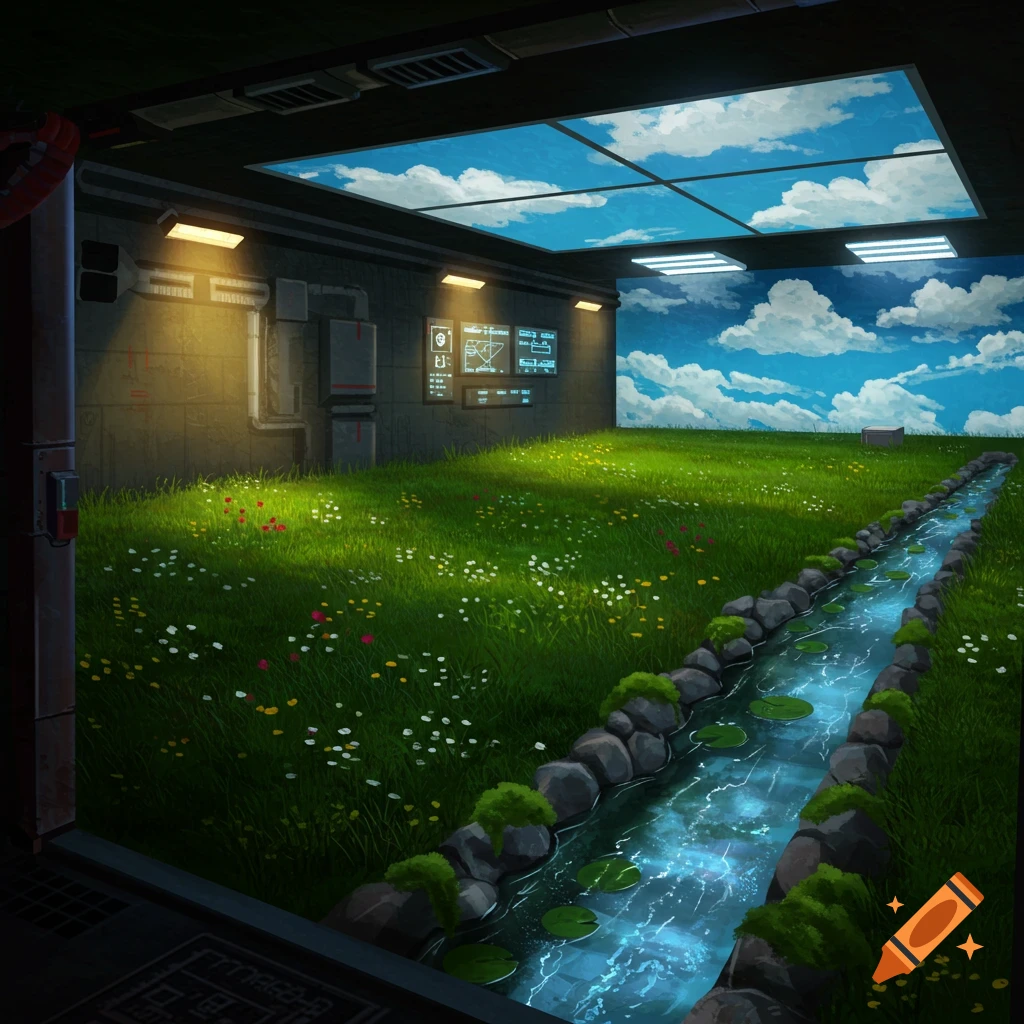 Digital art of a bunker interior with a lush grassy field, a stream, and a blue sky ceiling.