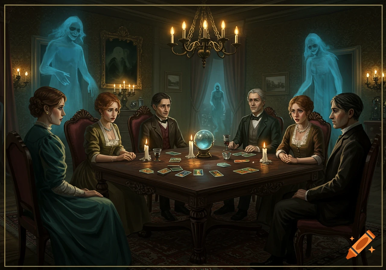 Victorian séance with people around a table with a crystal ball and tarot cards, surrounded by ethereal blue ghosts in an ornate, dim room.
