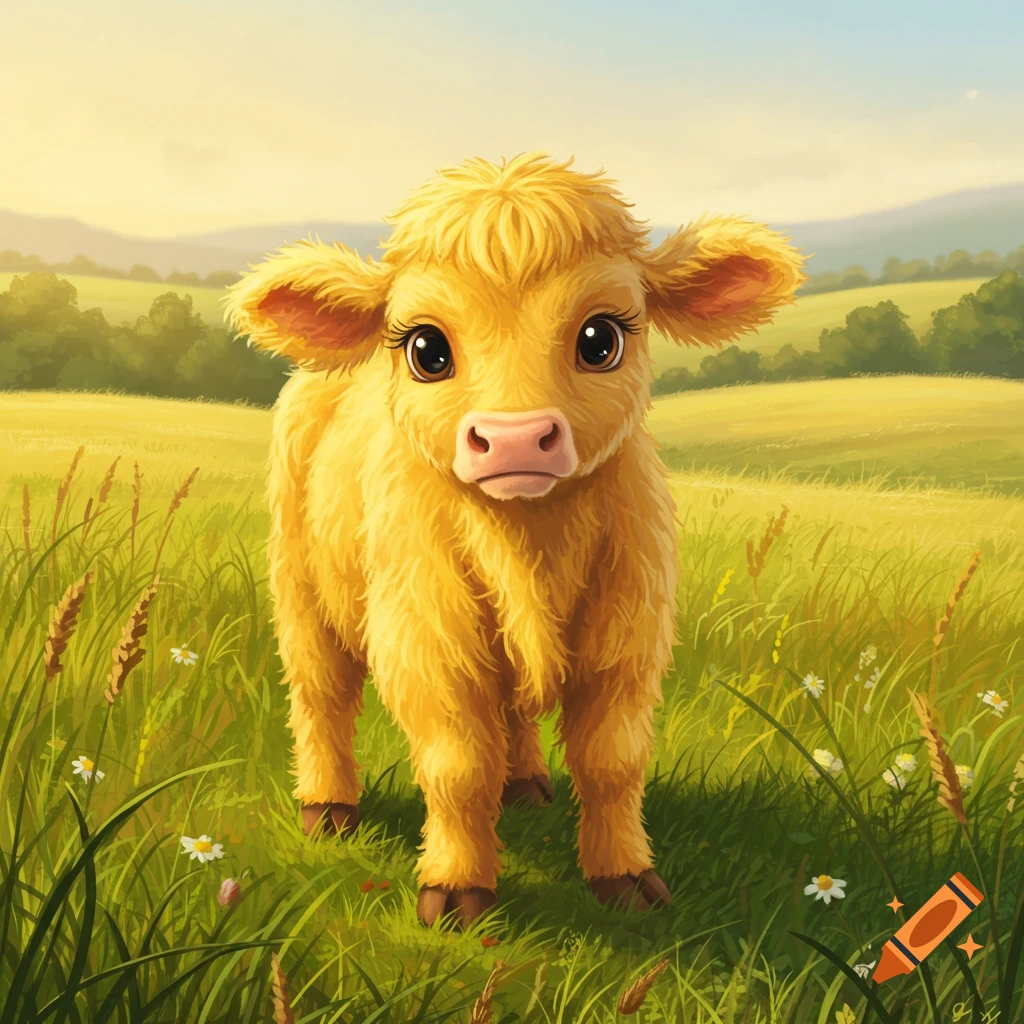 A cute, fluffy yellow calf with big eyes stands in a vibrant green grassy field, cartoon style.