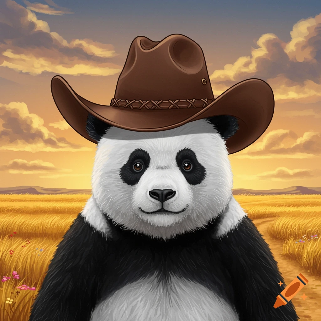 Digital illustration of a panda wearing a brown cowboy hat, smiling in a golden field at sunset.