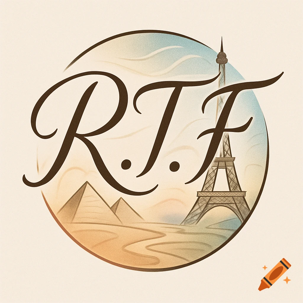 Circular logo with 'R.T.F.' overlaid on a desert scene with pyramids and the Eiffel Tower under a cloudy sky.