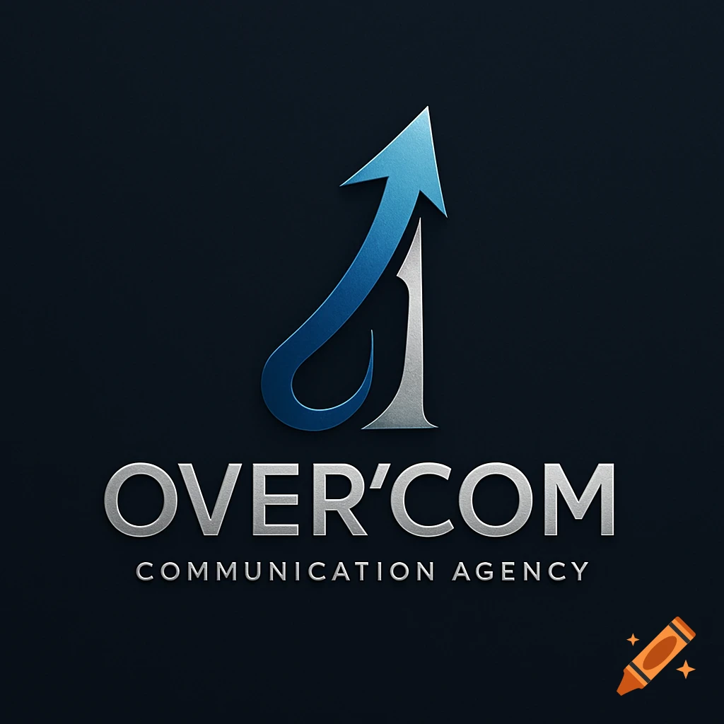A blue and silver upward arrow logo with the text "OVER'COM COMMUNICATION AGENCY" on a dark background.