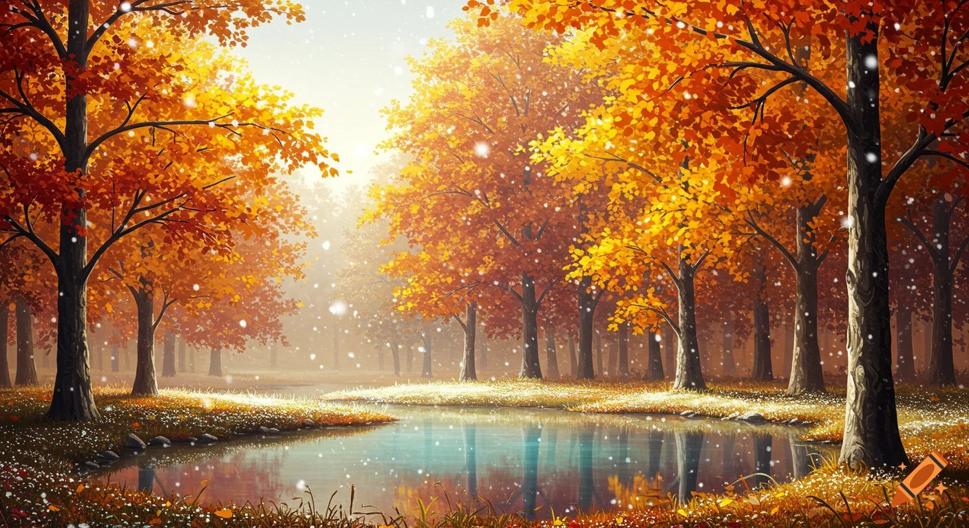 Vibrant autumn forest with orange and yellow trees, a tranquil pond reflecting the sky, and gentle snow falling.