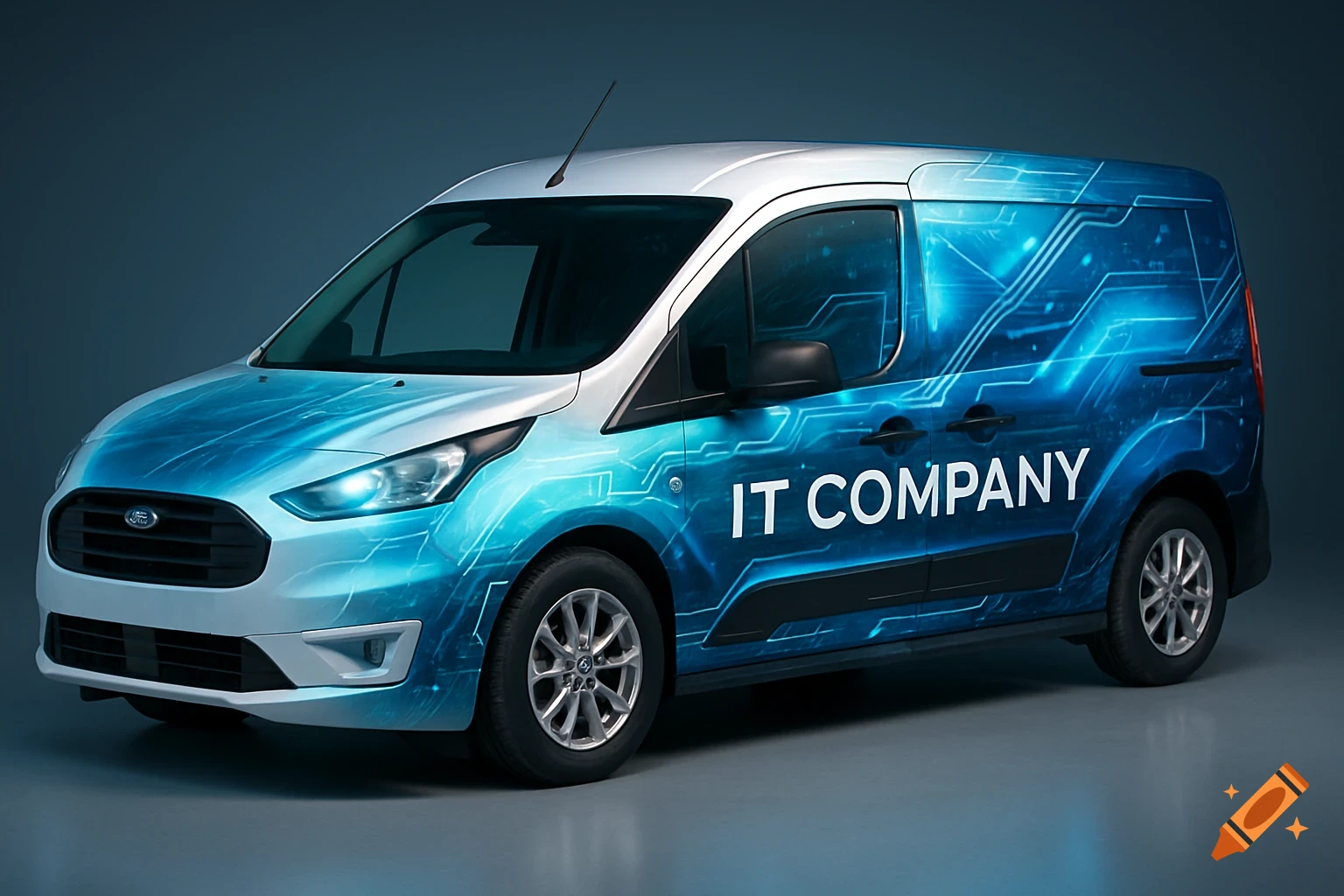 White Ford Transit Connect van with a blue circuit board design wrap and 'IT COMPANY' text.