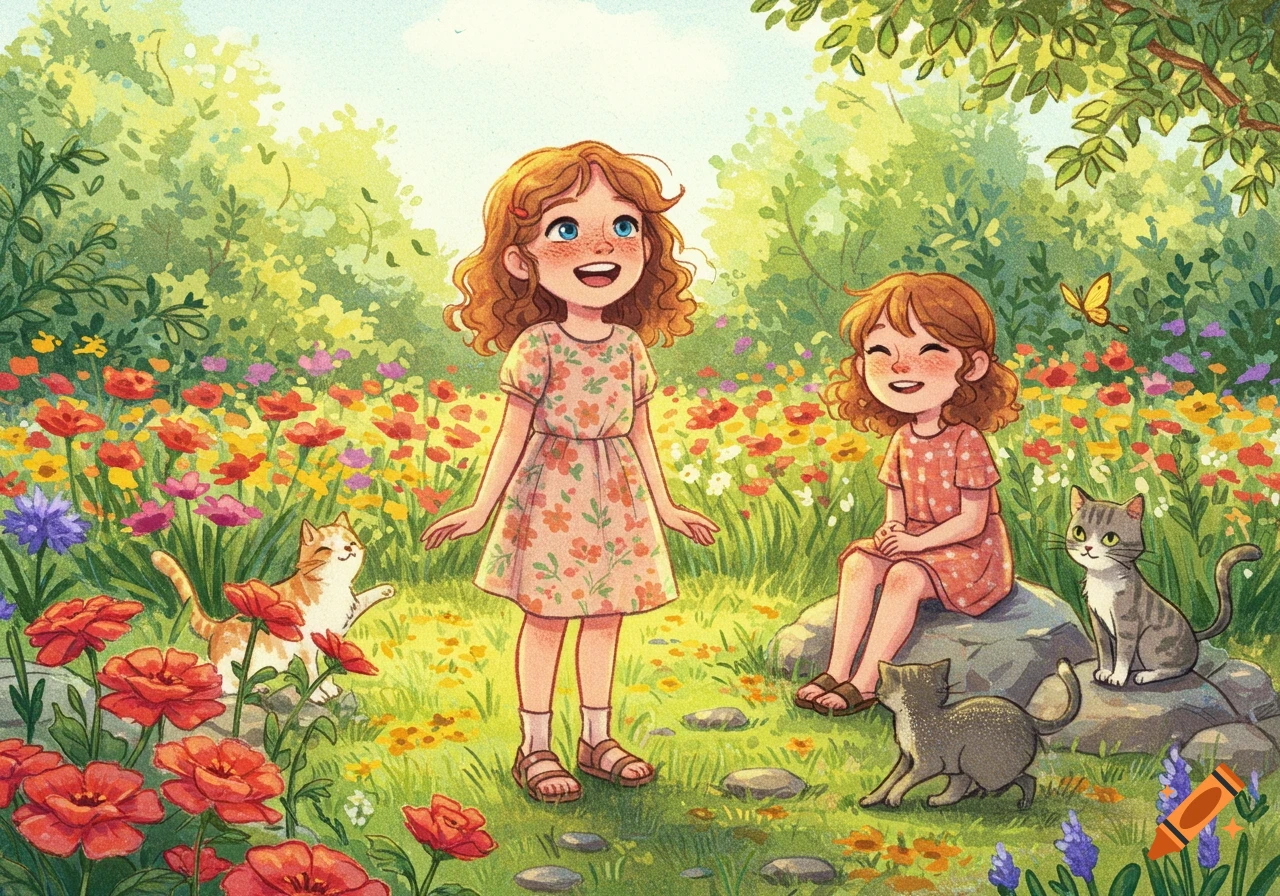 A colorful storybook illustration of two smiling girls and three cats in a vibrant summer garden filled with various flowers and lush greenery.