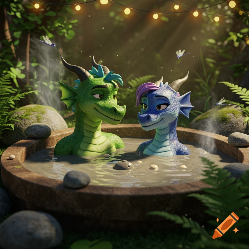 Two animated anthropomorphic dragons, one green and one blue, relax in a steaming mud hot tub in a lush forest with string lights.