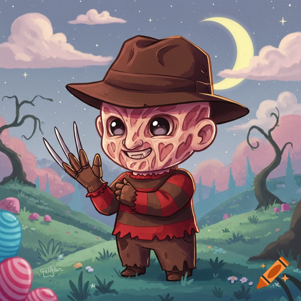 A cute chibi Freddy Krueger with a scarred face, brown hat, and clawed glove, standing in a whimsical, colorful landscape under a crescent moon.