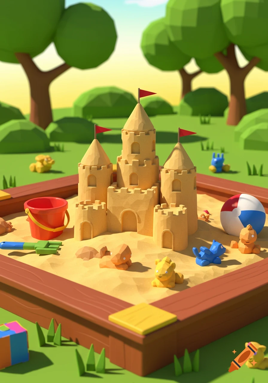 Stylized 3D sandcastle in a sandbox with colorful toys, a red bucket, green shovel, and a beach ball. Sunny low-poly park.