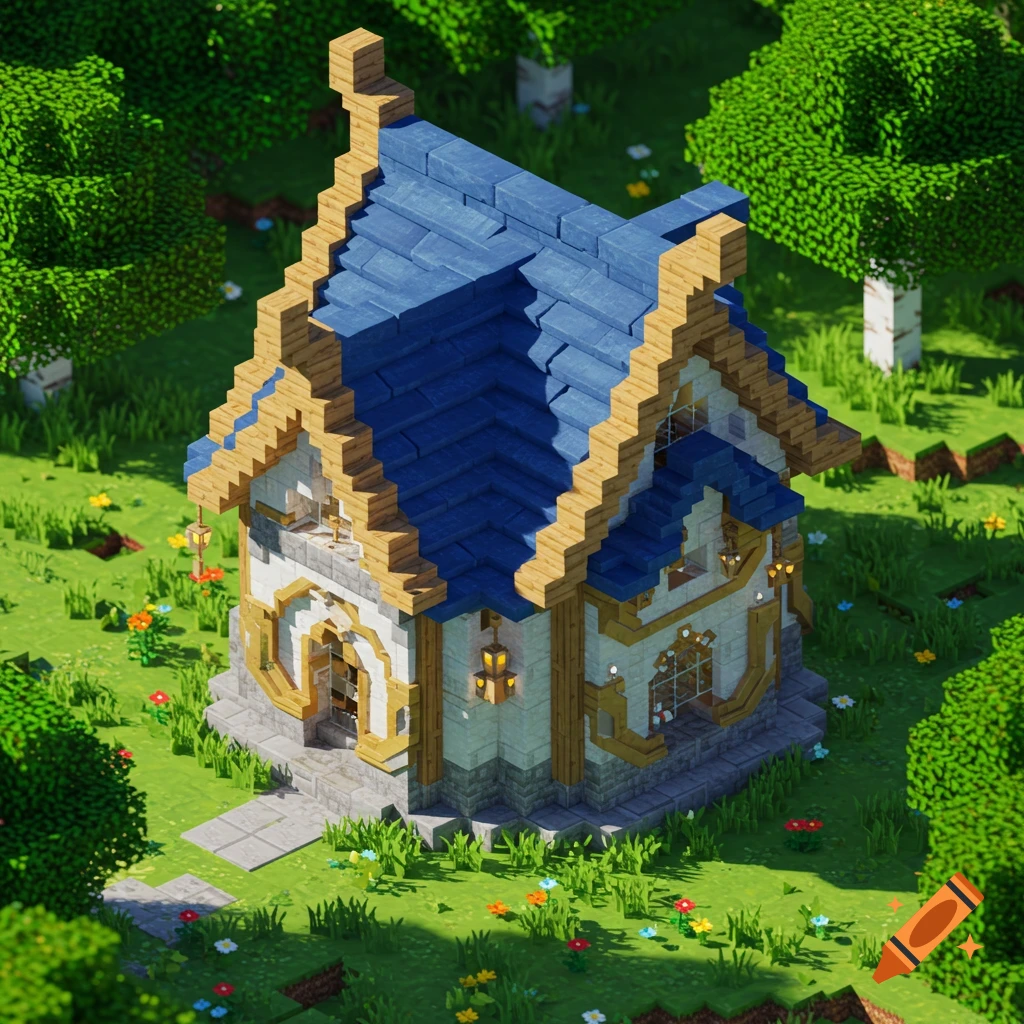A small, blocky Minecraft-style house with a blue roof, white walls, and gold trim, surrounded by green grass and trees.