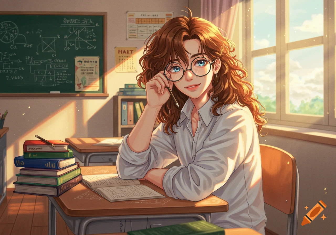 An anime girl with long curly hair and glasses smiles in a sunlit classroom, holding a pen above an open book on her desk.