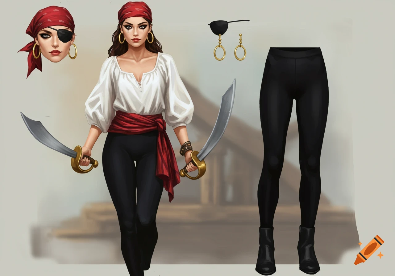 Digital illustration of a female pirate character with a red bandana, white shirt, black leggings, red sash, and two sabers, with separate costume elements shown.