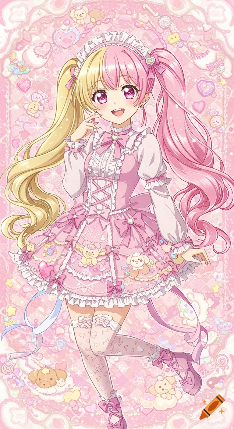 A smiling anime girl with blonde and pink twin-tails wears a frilly pink lolita dress with bows and ribbons, surrounded by a pink background of hearts, stars, and plushies.