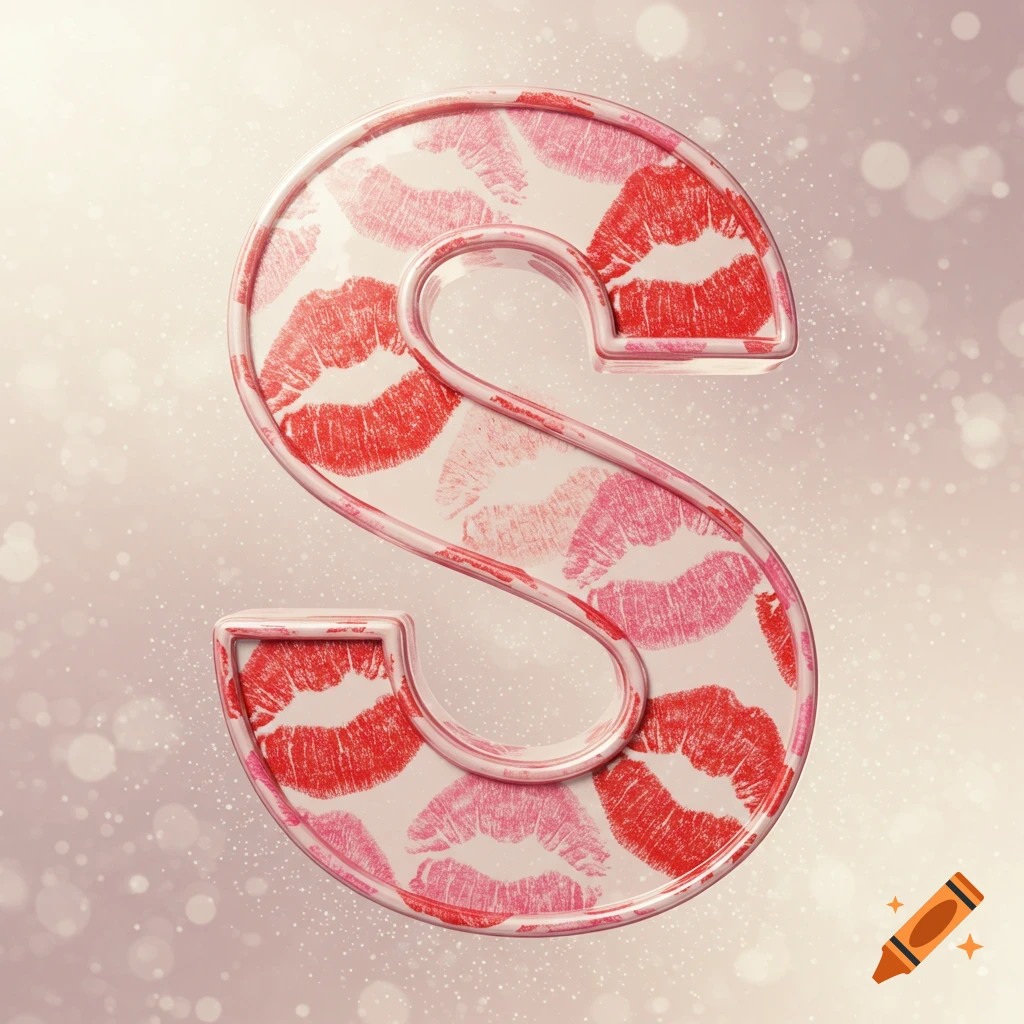 A 3D letter 'S' filled with red and pink lipstick kiss marks, against a light pink bokeh background.