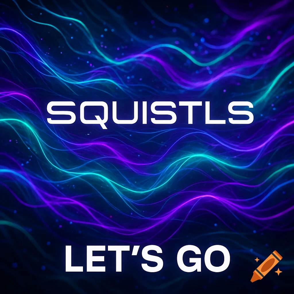 Abstract futuristic art with glowing blue and purple energy waves, sparkling particles, and the words 'SQUISTLS' and 'LET'S GO'.