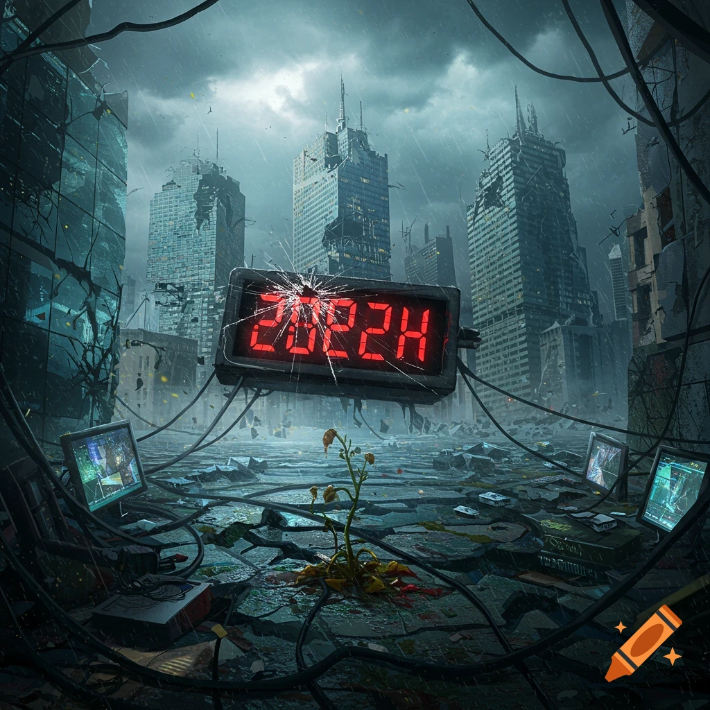 A dark, post-apocalyptic cityscape in ruins under a stormy sky, with a broken digital clock displaying '2022H' floating above a dying plant and scattered monitors on cracked ground.