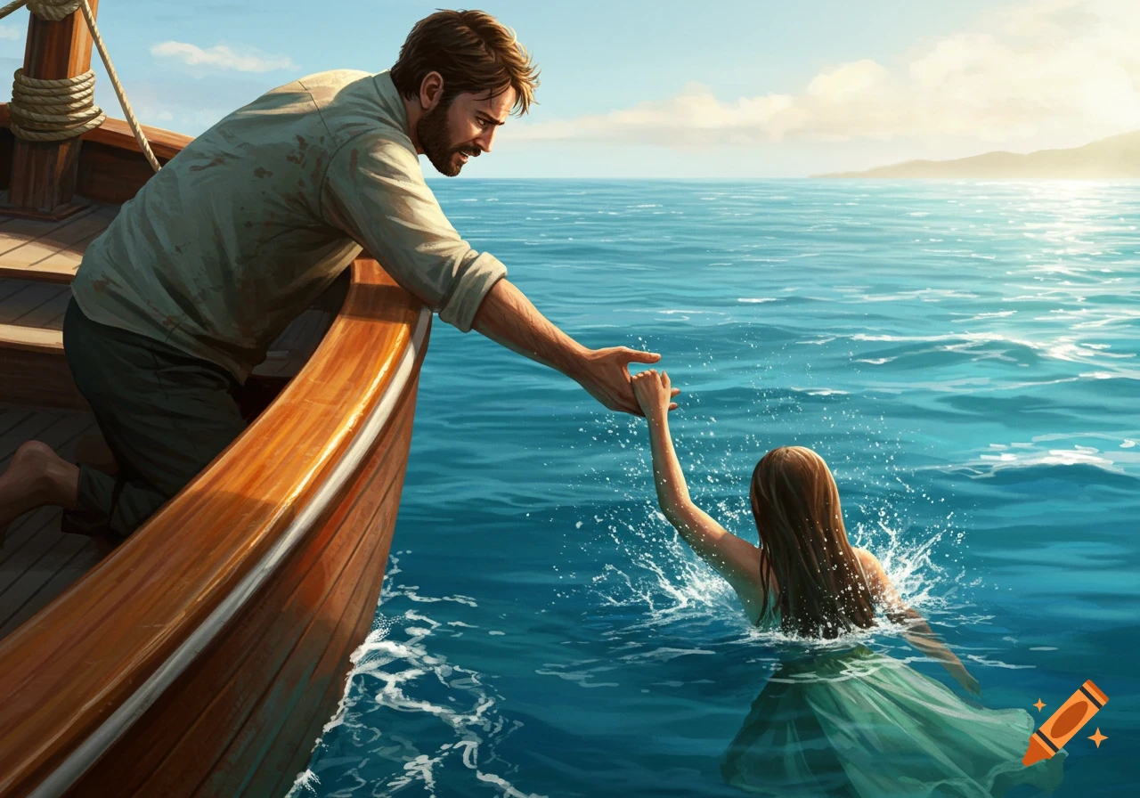 A man in a wooden boat reaches out to help a woman in the blue ocean on a sunny day, digital painting style.