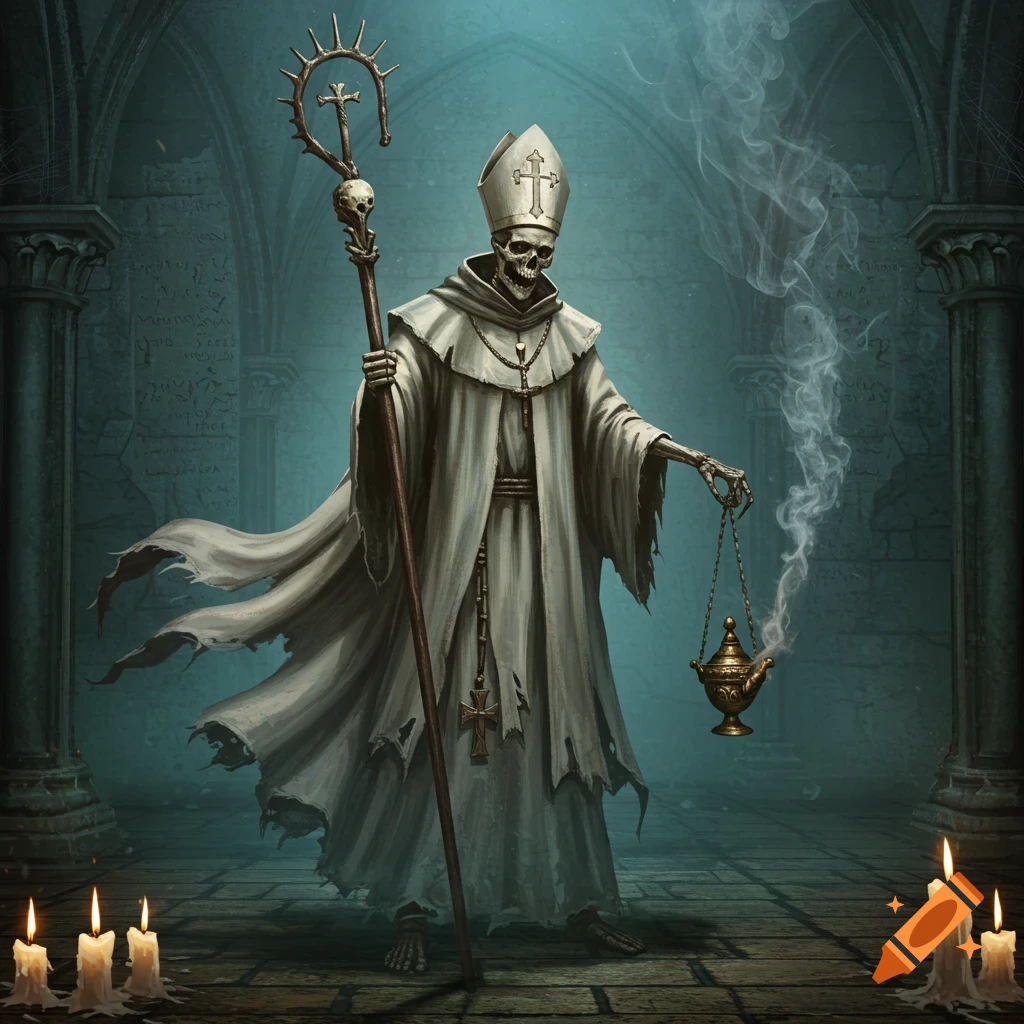 A skeletal monk in tattered white robes holds a bishop's staff and smoking thurible in a dark, candlelit crypt.