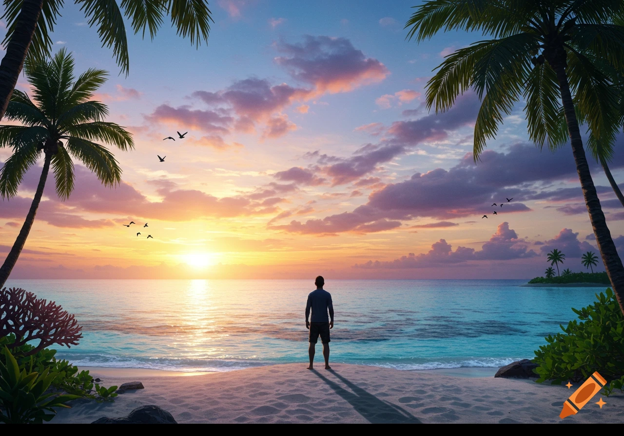 A man stands on a tropical beach at sunset, looking out at the ocean with palm trees framing the colorful sky.