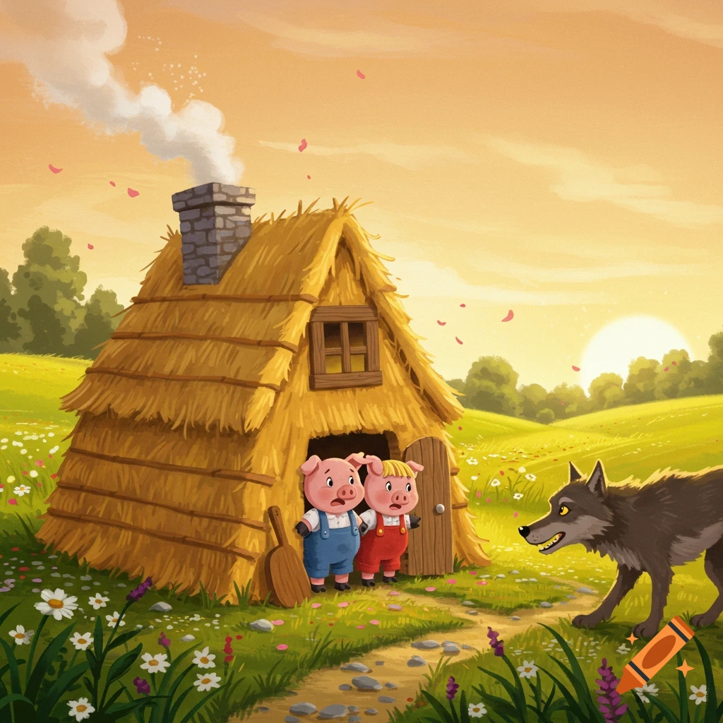 Two frightened cartoon pigs in overalls peer out of a straw house at a menacing wolf in a sunny, flowery field, like a fairytale illustration.