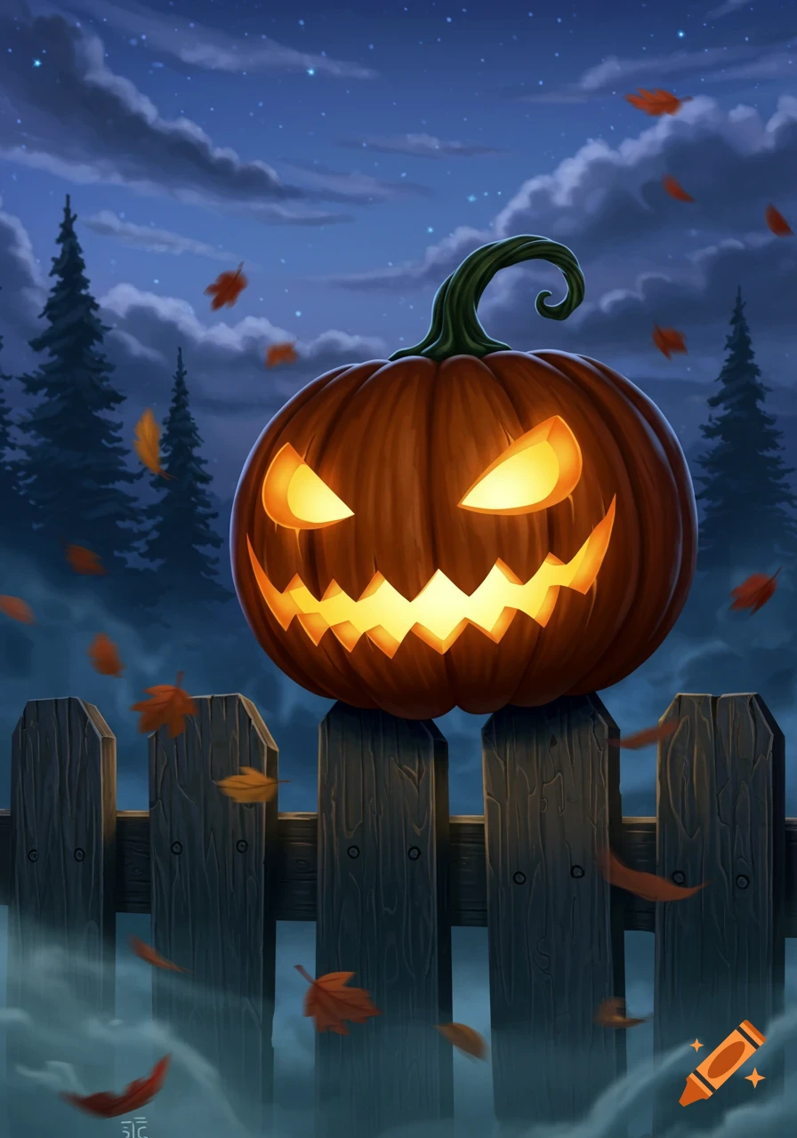 Stylized illustration of a glowing jack-o'-lantern on a wooden fence at night, with pine trees and falling leaves under a starry sky.
