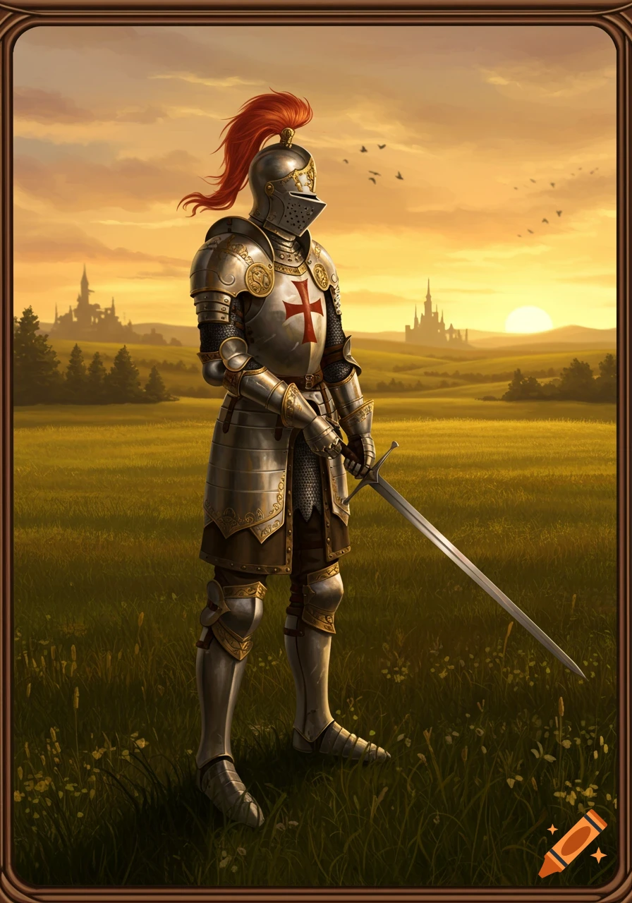 A knight in shining armor with a red plume stands in a grassy field, holding a sword, with castles and a sunset in the background.