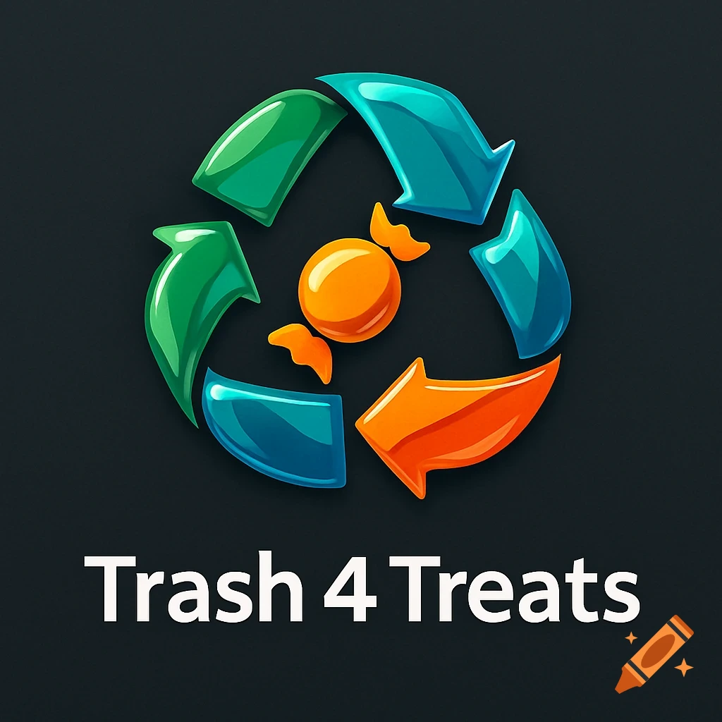 Logo for 'Trash 4 Treats' app, featuring a stylized green, blue, and orange recycling symbol around a central orange wrapped candy with the text "Trash 4 Treats" below.