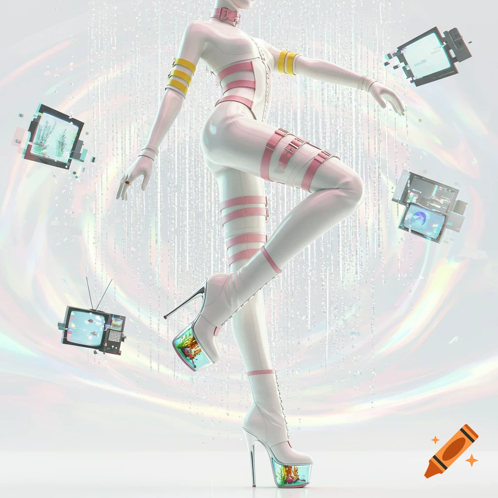 A futuristic model in a white latex suit with pink straps and aquarium heels poses amidst floating glitch screens in a holographic void.