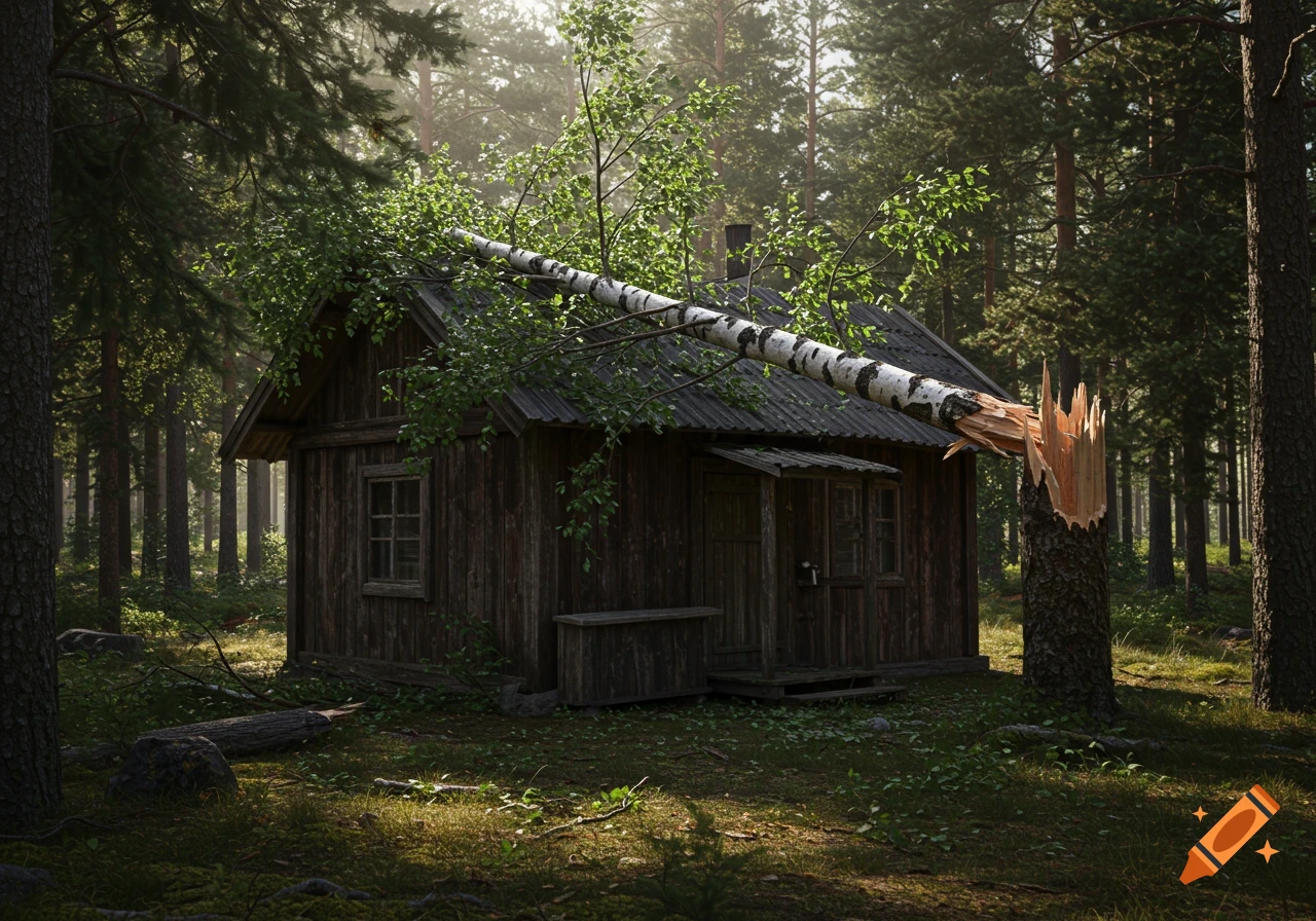 Realistic photo of a rustic wooden cabin in a dense forest with a birch tree fallen over its roof, the tree trunk broken.