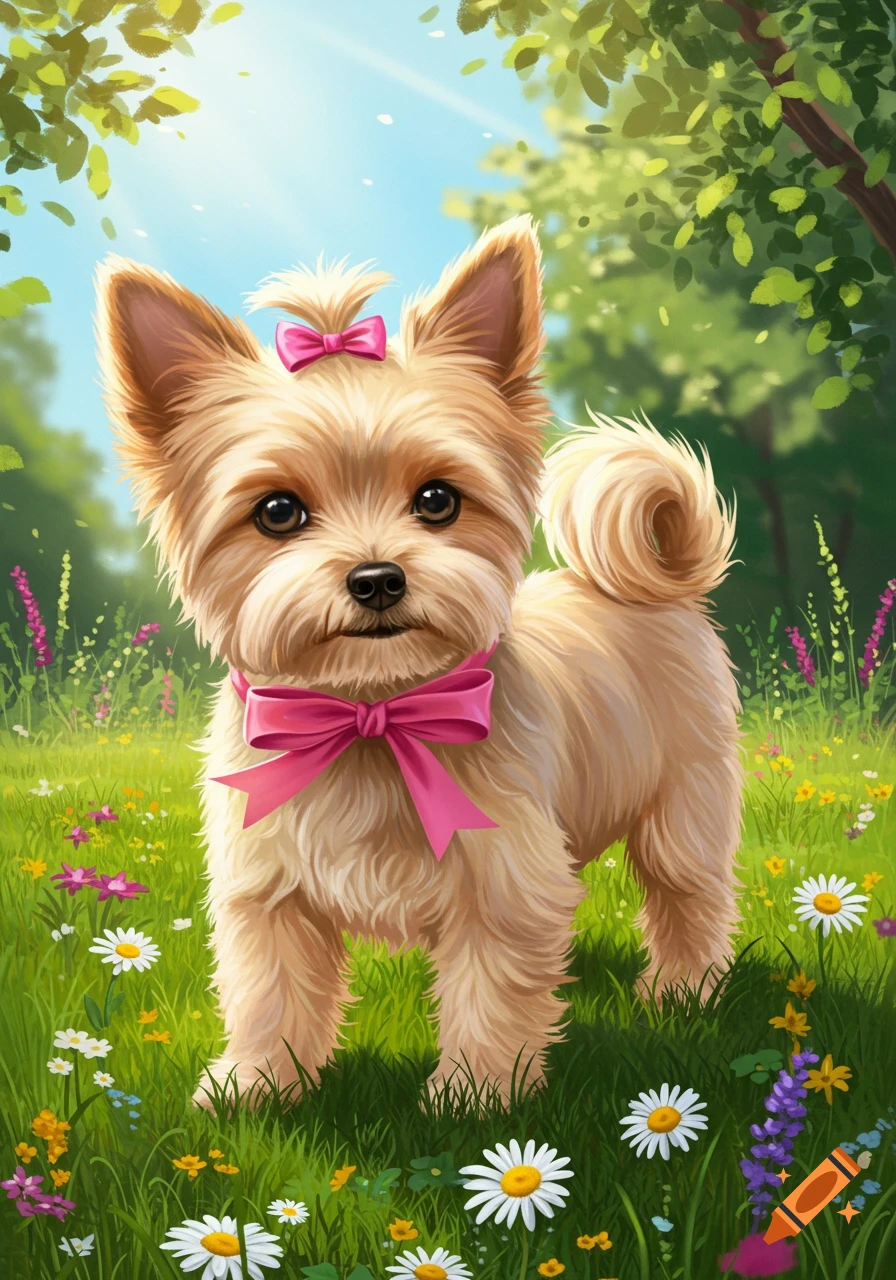 An adorable fluffy Yorkshire Terrier puppy with pink bows, standing in a vibrant field of wildflowers under a sunny sky, illustrated.