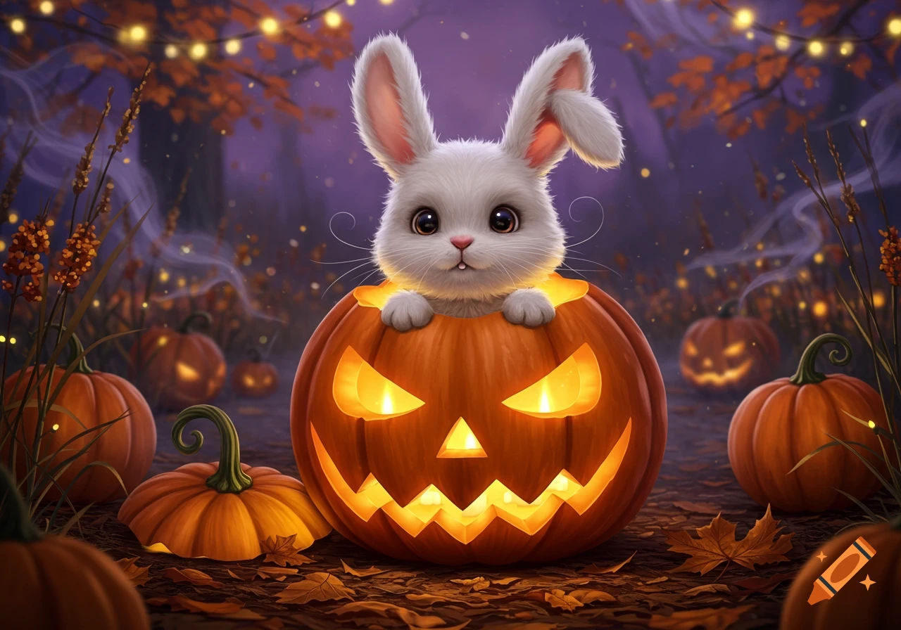 A fluffy white bunny peeks from a glowing jack-o'-lantern in a spooky forest, surrounded by pumpkins and string lights.