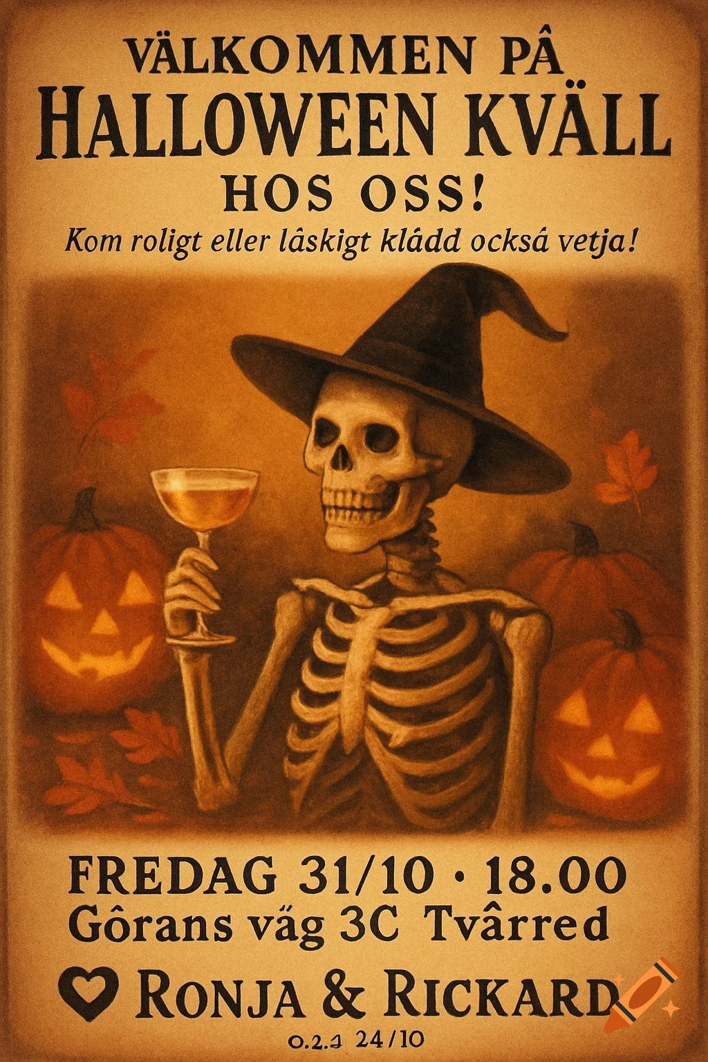 A vintage Halloween party poster with a skeleton in a witch hat holding a cocktail, flanked by glowing jack-o'-lanterns and autumn leaves, on a warm, antique background. Text invites to a Halloween evening.