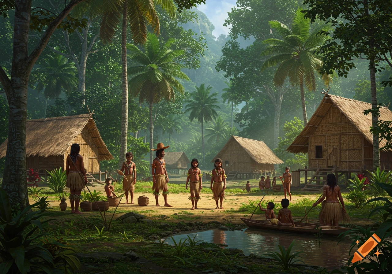 Photorealistic image of an indigenous tropical village with thatched huts, lush jungle, and people in traditional attire by a river.