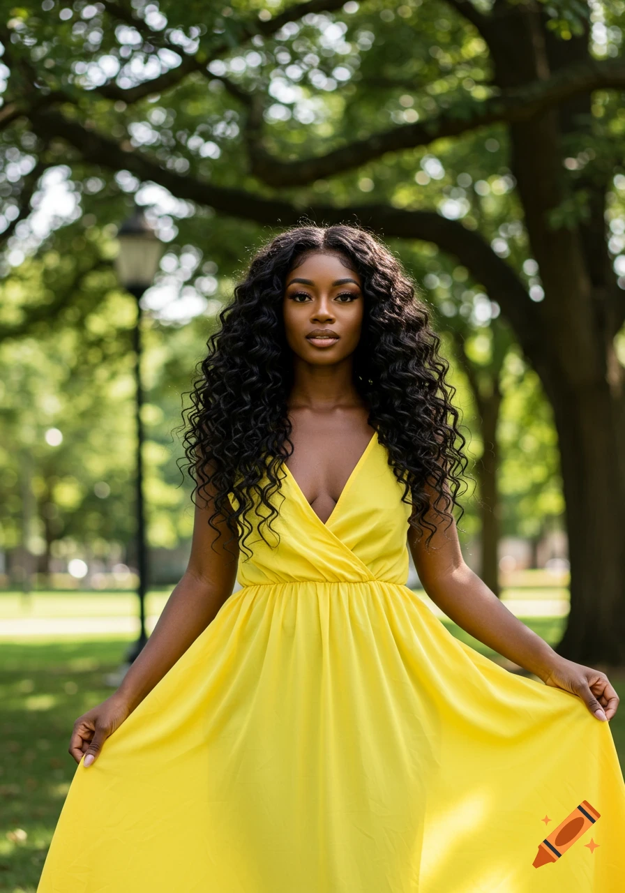 Black woman with voluminous hip-length curly hair wearing a yellow sundress, posing in a sunny park with trees.