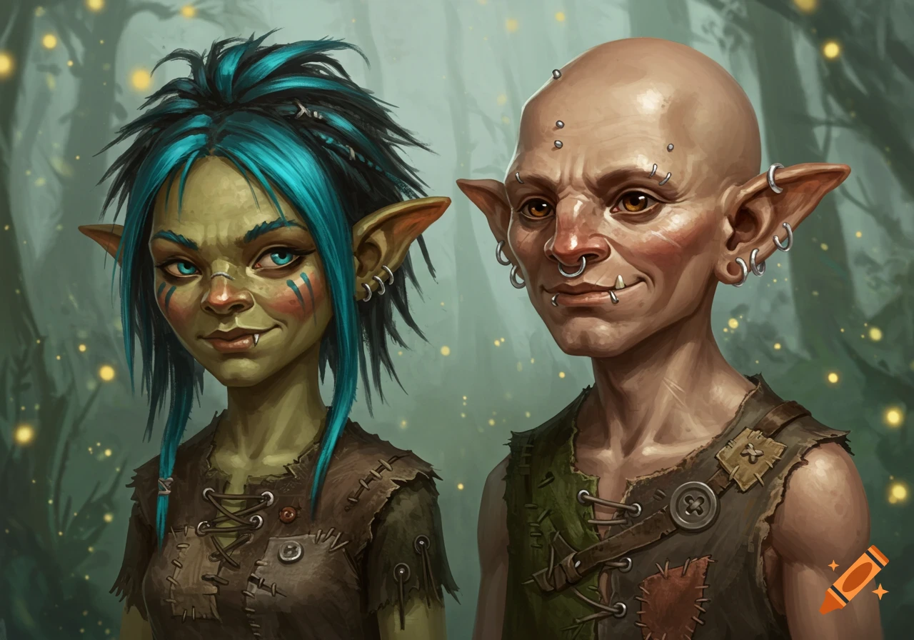 A female goblin with blue spiky hair and a bald male goblin, both with piercings, against a blurry green forest background.